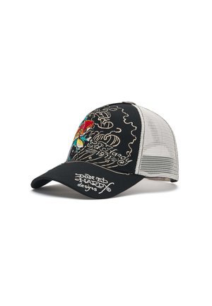 Schwarz-weiße Mesh-Trucker-Kappe mit farbig gesticktem Koi-Fisch, Wellen und dem Schriftzug "Don Ed Hardy designs" auf der Vorderseite und dem Schild.