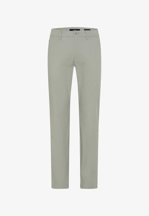 Lysegrå herrebukser med lige ben, bæltestropper, knaplukning og forlommer, vist på en ensfarvet baggrund.