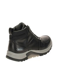 Zwarte leren hoge sneaker met grijze gevoerde zool, ritssluiting en vetersluiting, en een gevoerd enkelkraag, weergegeven vanuit de achterkant.
