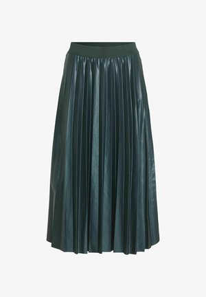 Jupe plissée en simili cuir teal foncé, dotée d'une large ceinture élastique. La texture est lisse avec une finition brillante.