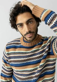 Vīrietis ar kraukšķīgiem tumšiem matiem un bārdu, �ģērbies zilos, brūnos un krēmkrāsas rakstainos džemperī, atpūš roku uz galvas, neitrāls fons.