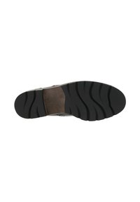 Shoe sole with a textured black rubber surface, featuring a brown accent section and distinct tread patterns for grip and support.