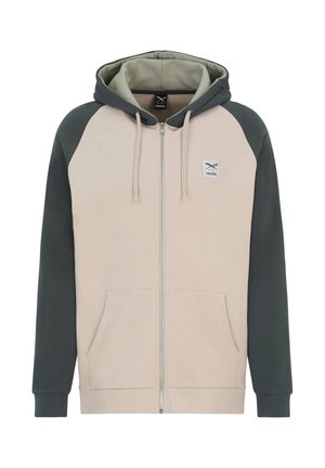 Beiger Kapuzenpullover mit durchgehendem Reißverschluss, dunkelgrünen Ärmeln und Kapuze, Kängurutasche vorne, Kordelzug und kleinem Logo-Patch auf der Brust.