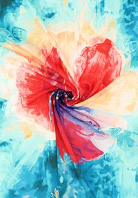 Kolorowy jedwabny szalik w kwiatowy wzór; zawiera odcienie czerwieni i błękitu z wirującym motywem oraz gładką, miękką fakturą.