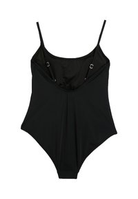 Sort heldragt med tynde, justerbare stropper og en dyb rundudskæring med små metalringe.