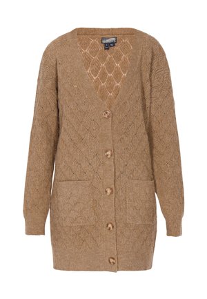 Langärmlige Strickjacke mit V-Ausschnitt in Hellbraun, mit einem strukturierten Rautenmuster, fünf Knöpfen und zwei vorderen Taschen.