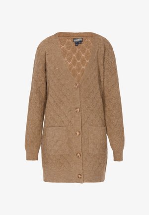 Dugi rukav, kardigan s V-izrezom u svijetlosmeđoj boji, s teksturiranim dijamantnim uzorkom, pet dugmadi i dva prednja dzepa.