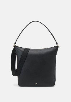 Sac à bandoulière en cuir noir avec fermeture éclair dorée et logo BOSS embossé, avec deux anses – une fine et une large avec marquage embossé.