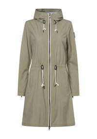 Wodoodporna kurtka oliwkowa z kapturem, ściągaczem w talii, dwoma bocznymi kieszeniami oraz kontrastowym białym zamkiem. Gładki, lekki materiał.