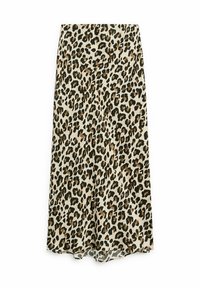 Jupe midi avec fond beige et motif léopard marron et noir.