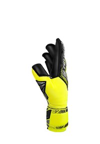 Guanti da portiere con un retro in lattice giallo vivace, palmo nero, presa testurizzata e dita rinforzate. Presenta dettagli a motivo e chiusura sicura al polso.
