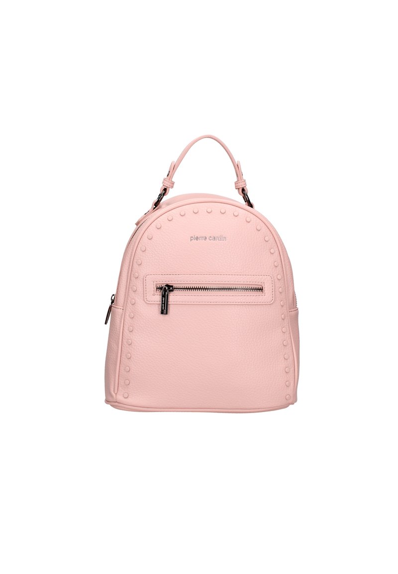Zaino in pelle rosa con forma arrotondata, superficie testurizzata, borchie decorative lungo i bordi e tasca frontale con zip. Manici e spallacci regolabili.