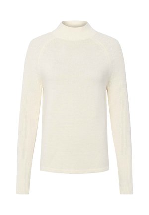 Creme trui met een hoge hals, lange raglanmouwen en een textuur gebreid patroon. Eenvoudige, aansluitende silhouette met een ribgebreide zoom.