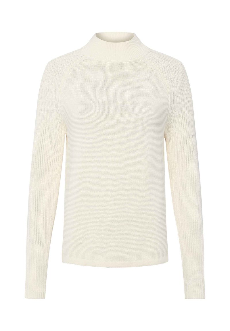 Creme trui met een hoge hals, lange raglanmouwen en een textuur gebreid patroon. Eenvoudige, aansluitende silhouette met een ribgebreide zoom.