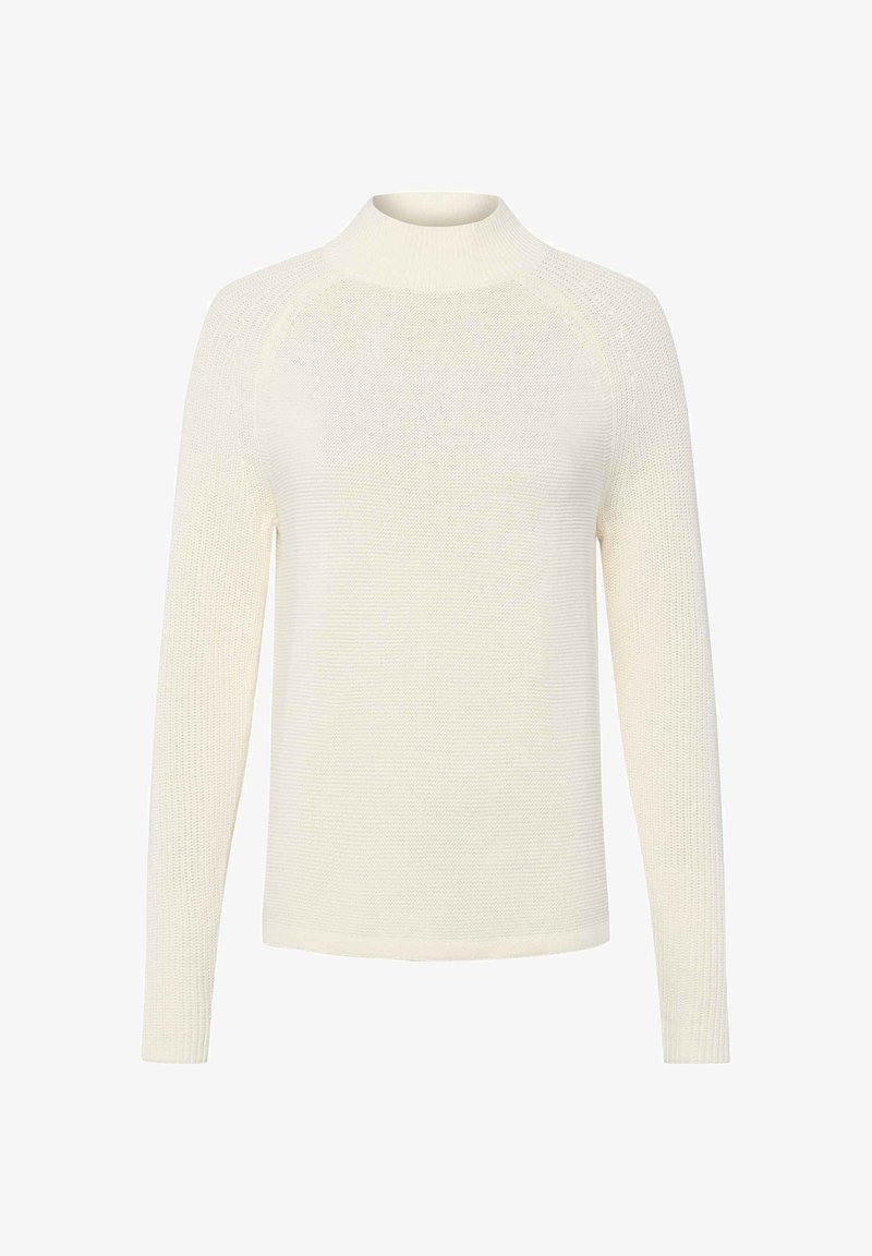 Creme trui met een hoge hals, lange raglanmouwen en een textuur gebreid patroon. Eenvoudige, aansluitende silhouette met een ribgebreide zoom.
