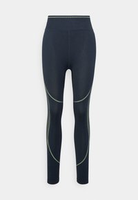 Leggings sportivi blu navy con vita alta, caratterizzati da linee verdi in un motivo curvo lungo i lati. Realizzati in tessuto elasticizzato.