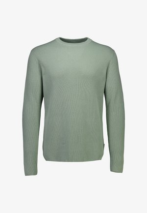 Pull à côtes vert clair avec des manches longues et un col rond. Texture douce et coupe droite avec des fentes sur les côtés à l'ourlet.