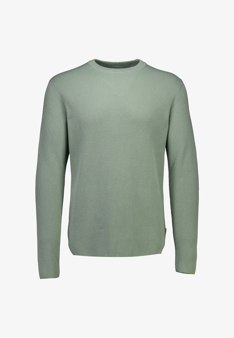 Jasnozielony sweter z prążkowanego dzianiny z długimi rękawami i okrągłym dekoltem. Miękka tekstura i prosty krój z bocznymi rozcięciami u dołu.