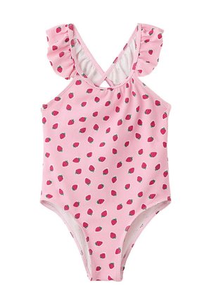 Pinkfarbiger Einteiler mit rotem Erdbeermuster, gerafften Schulterträgern und gekreuzten Rückenträgern.
