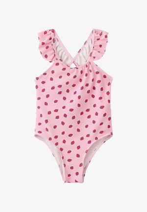Ružové jednodielne plavky s červeným motívom jahôd, volánikovými ramienkami a krížovými ramienkami na chrbte.