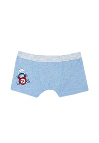 Modré dětské boxerky z bavlny s šedým pasem, na boku s kresleným obrázkem auta a číslem "24".