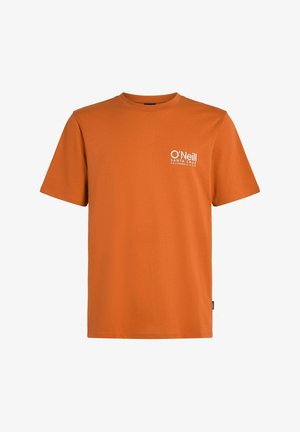 Short-sleeve t-shirt in orange cotton with a crew neck, featuring a white logo that reads "O'Neill Santa Cruz California" on the chest.
