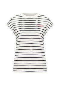 Chemise blanche à manches courtes avec des rayures horizontales noires et le texte rouge pointillé "ciao" sur le haut gauche de la poitrine.
