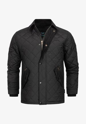 Black quilted jacket featuring a high collar, zip closure, two angled front pockets, and ribbed cuffs. Inner lining with a plaid pattern.