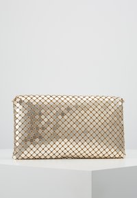 Bolso de mano rectangular de malla dorada con patrones hexagonales, textura metálica brillante y cierre de cremallera. Las superficies lisas realzan su calidad reflectante.