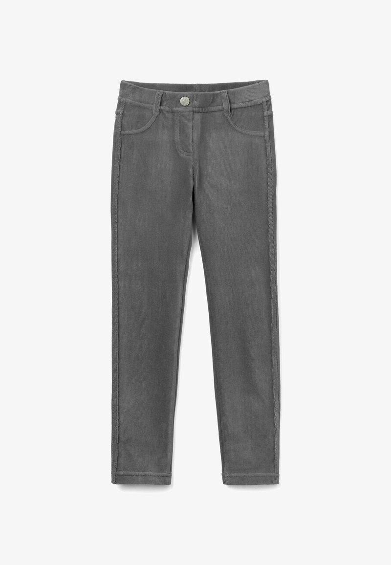 Pantalon en velours côtelé gris avec une coupe slim, de style cinq poches et une texture douce. Comprend une fermeture à bouton et un zip à la taille.