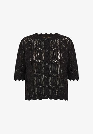 Czarny dziergany kardigan z teksturowanym wzorem koronkowym, krótkimi rękawami, falbaniastymi brzegami oraz sześcioma czarnymi guzikami z przodu.