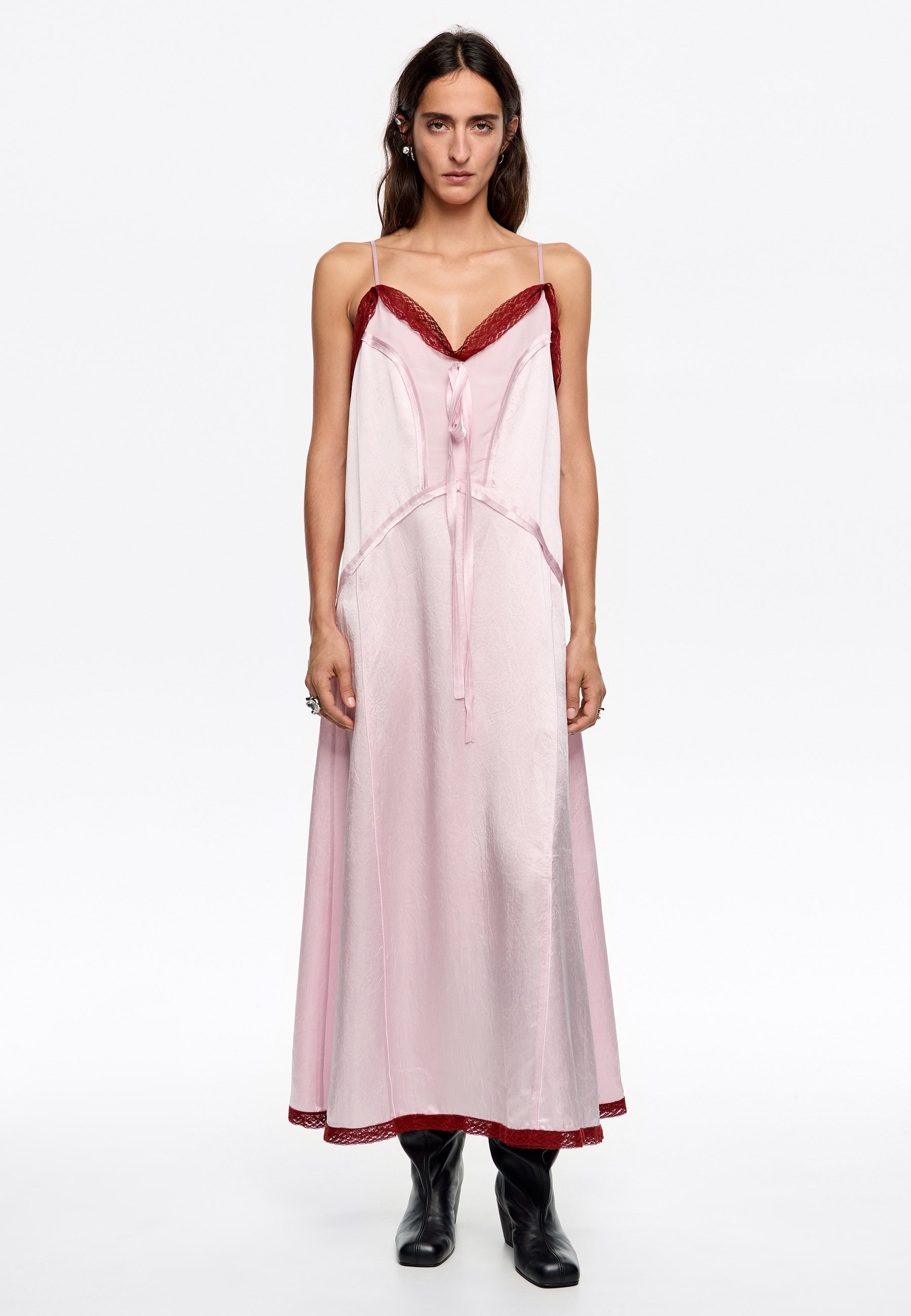 bimba y lola pink dress Bimba Y Lola Lace-Trim Tie Midi Dress in Pink