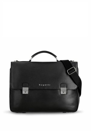 Black leather messenger bag with textured finish, silver hardware, top handle, and adjustable strap; features a logo on the front.