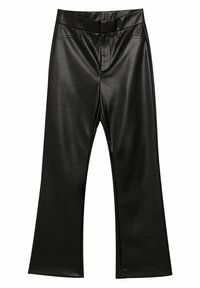 Černé kalhoty z imitace kůže s rovnými nohavicemi, předním zipem a pasem, položené na bílém pozadí.