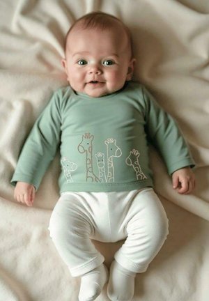 Chemise verte à manches longues avec motif de girafe et pantalon blanc. Tissu doux et lisse avec une coupe ajustée, posé sur une légère couverture beige.