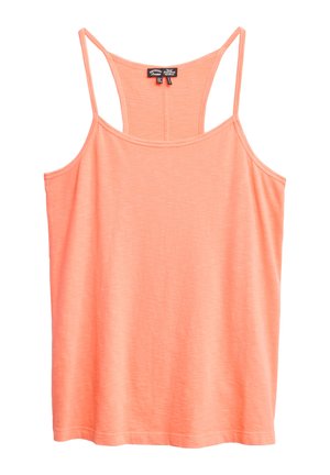 Perzikkleurige tanktop met dunne bandjes, ronde halslijn en een zachte, lichte stof. Heeft een eenvoudige uitstraling met een rechte zoom.