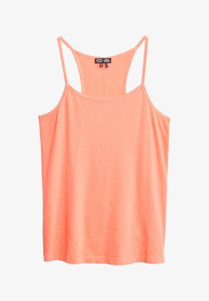 Perzikkleurige tanktop met dunne bandjes, ronde halslijn en een zachte, lichte stof. Heeft een eenvoudige uitstraling met een rechte zoom.