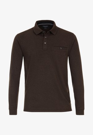 Bordeaux lange mouwen polo shirt van zacht materiaal, met een kraag, knoopsluiting en een borstzak met een knoopdetail.