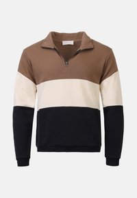 Pull-over à zip quart, composé de trois blocs de couleur horizontaux : marron, crème et noir. Fabriqué en tissu doux, avec des poignets et une ourlet côtelés.