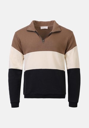 Schnellreißpullover mit drei horizontalen Farbstreifen: braun, creme und schwarz. Hergestellt aus weichem Stoff, mit gerippten Bündchen und Saum.