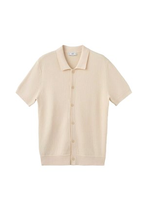 Cárdigan de punto beige de manga corta con botones en la parte delantera y cuello doblado, mostrado sobre un fondo blanco.