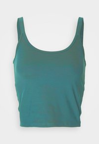 Top corto teal con spalline sottili, realizzato in tessuto morbido e elastico. Girocollo e leggero lucido.