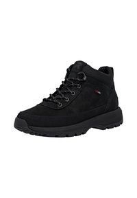 Zwarte wandelschoenen van suede, met een gestructureerde bovenkant, gewatteerde kraag, vetersluiting en een robuuste rubberen outsole voor grip.
