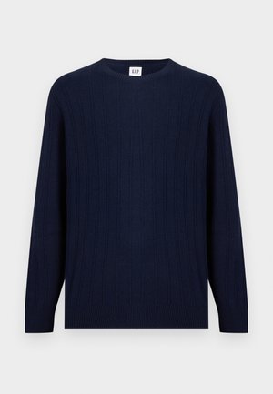 Navy blue ribbed knit long-sleeve sweater with crew neck, featuring subtle vertical cable patterns and ribbed cuffs and hem.