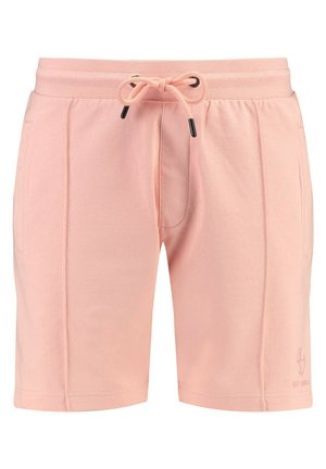 Helle rosa Sportshorts aus weichem Material, mit einem elastischen Bund und einem schwarzen Kordelzug, zwei seitlichen Taschen und minimaler Markierung.