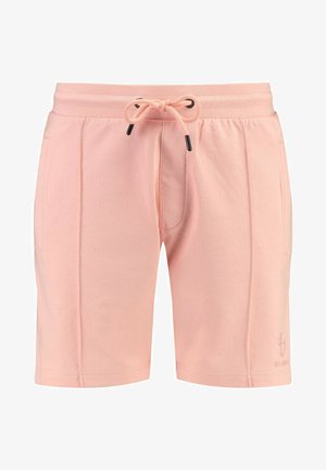 Helle rosa Sportshorts aus weichem Material, mit einem elastischen Bund und einem schwarzen Kordelzug, zwei seitlichen Taschen und minimaler Markierung.