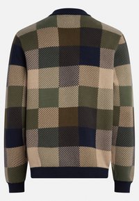 Pull en tricot avec un motif à carreaux dans des tons de vert, beige et marine, doté d'un col et de poignets côtelés pour une finition texturée.