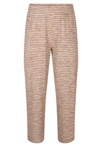 Bruna och krämfärgade randiga byxor med elastisk midja, med en avslappnad passform och mjuk textur, som smalnar av mot vristen.