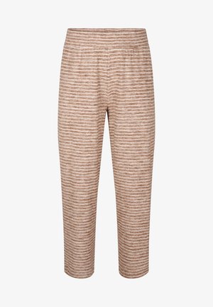 Bruine en crème gestreepte broek met een elastische tailleband, met een relaxte pasvorm en zachte textuur, die naar de enkel toe taps toeloopt.