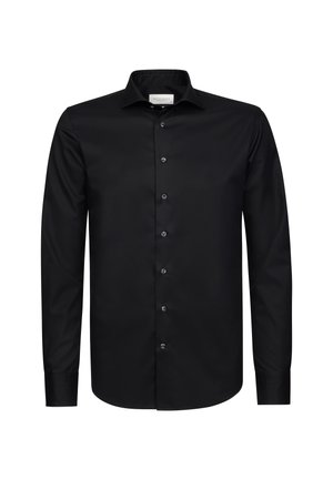 Camicia nera a maniche lunghe realizzata in tessuto liscio, con colletto classico, chiusura con bottoni e vestibilità aderente. I bottoni sono metallici con un design semplice.